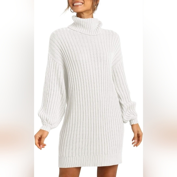 anrabess Dresses & Skirts - ANRABESS Womens Sweater Dress Turtleneck Lantern Sleeve Casual White Size M NWT